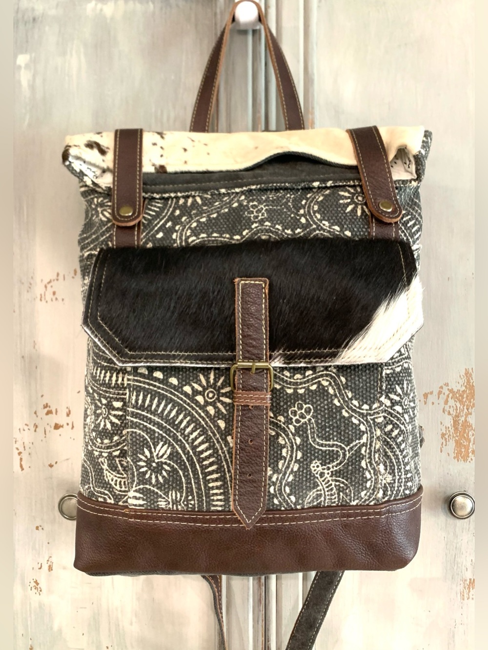 Myra Bag Vibe With Me Leather Cowhide Canvas Backpack